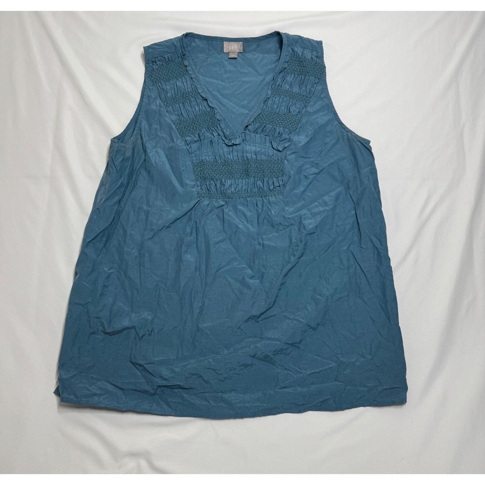 J. Jill Teal Blue Silk Cotton Smocked V-Neck Sleeveless Top Womens Large